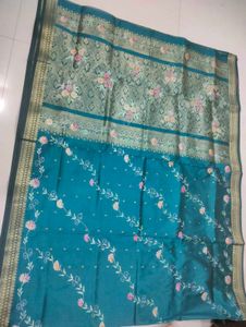 Teal Floral Silk Saree