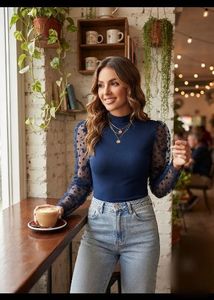 Stylish Navy Blue Top with Puff Sleeves