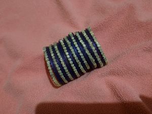 Dark Blue Silver Metallic Glass Bangles Set