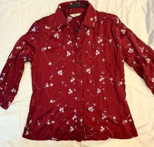 Maroon Floral Print Button-Up Top