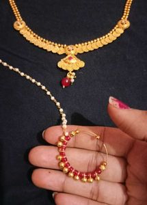 Elegant Gold Necklace &amp; Earring Set with Nose Ring