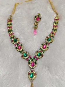 pink green necklace set with earrings