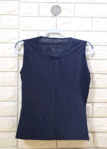 Navy Blue Embellished V-Neck Sleeveless Top