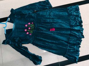 Teal Velvet Dress with Floral Embroidery