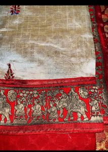 Elegant Cream &amp; Red Silk Saree