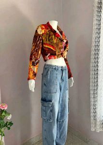 Unique Abstract Print Cropped Jacket