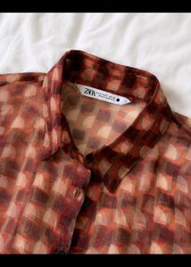 ZARA Sheer Checkered Long Sleeve Blouse