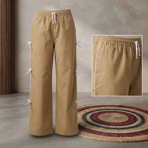 Khaki Wide-Leg Pants with Bow Details