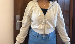 Cream Cropped Zip-Up Hoodie