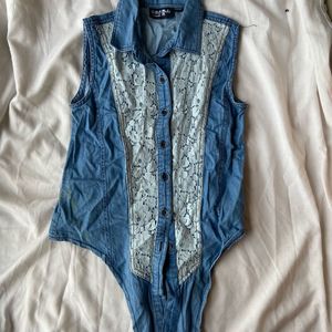 Denim lacy tie up top