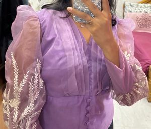 Lavender Organza Embroidered Puff Sleeve Blouse