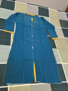 Teal Blue Kurta with Yellow Neckline