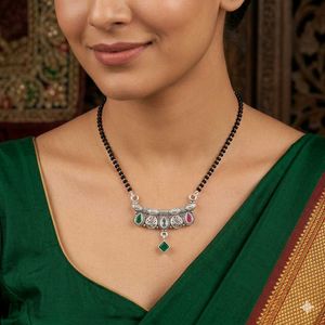 PureSilver Single Line Green&Pink Stone Mangalsutr