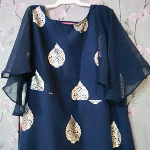 Elegant Navy Blue Maxi Dress with Gold Print