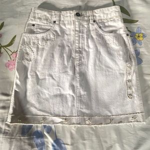 White Denim Mini Skirt with Embroidery