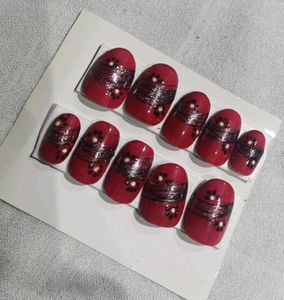 Red Floral Press-On Nails