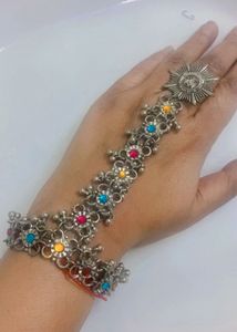New Boho Silver Tone Bracelet with Ring