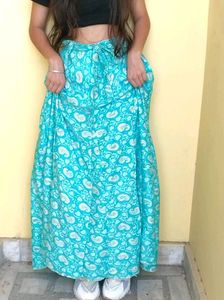 Sea Green Flower Print Look Long Ethnic Skirt
