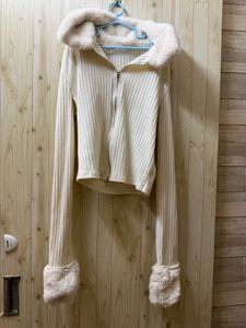 Cream Ribbed Zip-Up Top with Fur Collar