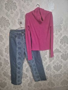 Pink Turtleneck Sweater &amp; Patchwork Jeans
