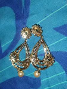 Designer Gold Tone Green Stone Earrings