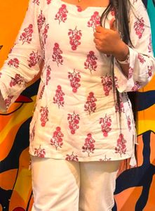 White Kurta with Pink Floral Print