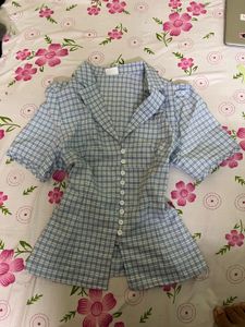 Blue Plaid Button-Up Top