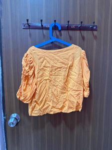 Orange Puff Sleeve Button-Up Top