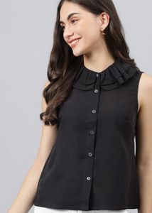 Sleeveless Black Blouse with Ruffle Collar