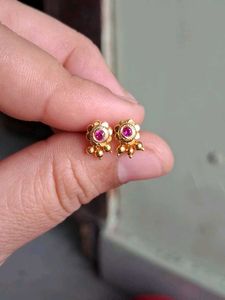 Gold  Jhumka Earrings with Red Stones