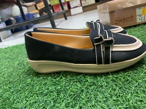"Stylish Black Loafers with Cream Trim all sizes