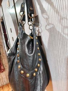 Chic Black Leather studded Hobo Bag