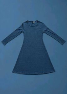 DENIM BLUE RIBBED LONG SLEEVE A-LINE DRESS