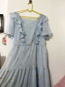 Light Blue Daisy Print Tiered Dress