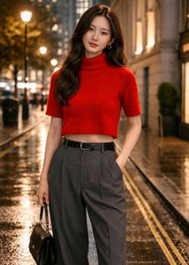 Red Turtleneck Short Sleeve Sweater