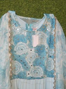 Blue Floral Embellished Dress with Shawl