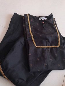 like New  Elegant Black Kurta Set with Gold Trim
