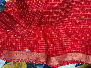 Red Bandhani Print Saree