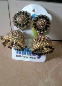 Gold Jhumka Earrings with Black Stones