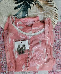 Pink Ikat Kurta Set with Jhumka Earrings