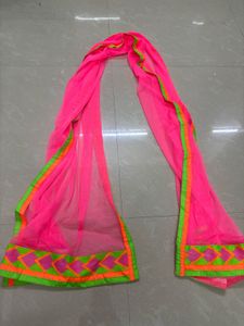 Vibrant Hot Pink Net Dupatta with Neon Chevron &amp; Z
