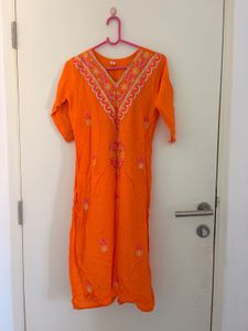 Vibrant Orange Embroidered Kurta