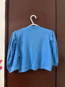 Blue Puff Sleeve Cropped Cardigan
