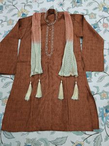🛑Brown Embroidered Kurta -3 Pice set