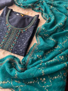 Elegant Navy Blue Kurta Set with Teal Dupatta