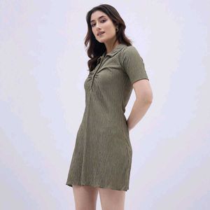Chic Olive Green Ribbed Polo Dress