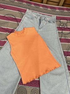 Orange Mock Neck Lettuce Trim Tank Top