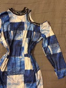 Unique Blue Patchwork One-Shoulder Dress