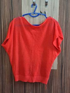 handmade Women's Orange Heart Knit Top