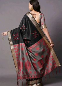 Elegant Black Saree with Red &amp; Grey Motifs